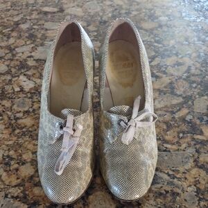 Delman Shimmery Snake-Print Lace-Up Heals in Taupe